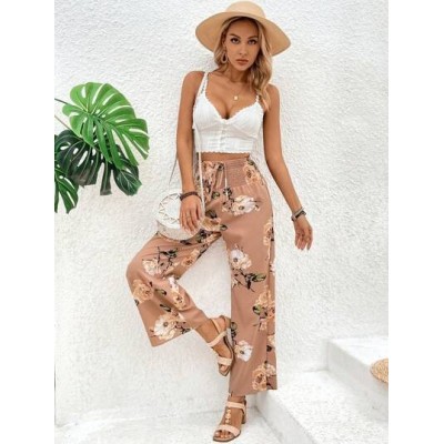 Clasi Women.s Shirred Waist Floral Print Pants - Choose Your Size