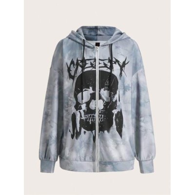 PUNK Skull Print Tie Dye Zip Up Hoodie - Choose Your Size