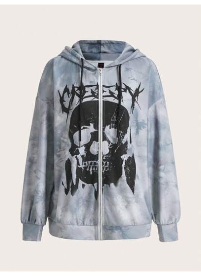 PUNK Skull Print Tie Dye Zip Up Hoodie - Choose Your Size