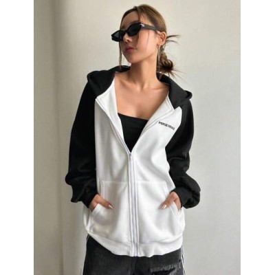 Letter Embroidery Raglan Sleeve Zip Up Hoodie - Choose Your Size