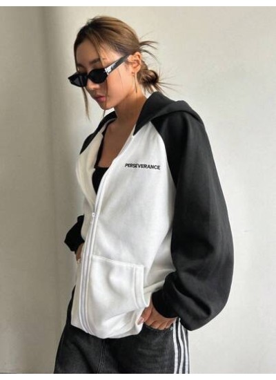 Letter Embroidery Raglan Sleeve Zip Up Hoodie - Choose Your Size