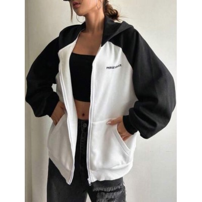 Letter Embroidery Raglan Sleeve Zip Up Hoodie - Choose Your Size