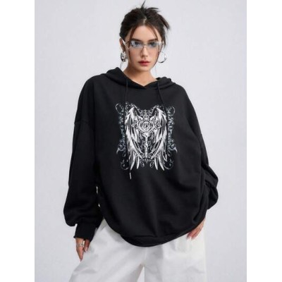 Graphic Print Drop Shoulder Drawstring Hoodie - Choose Your Size