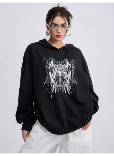 Graphic Print Drop Shoulder Drawstring Hoodie - Choose Your Size