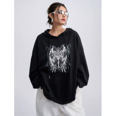 Graphic Print Drop Shoulder Drawstring Hoodie - Choose Your Size