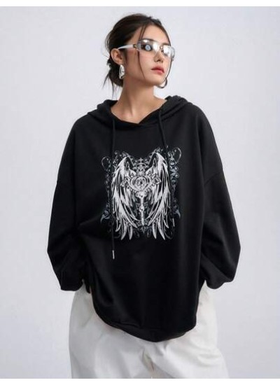 Graphic Print Drop Shoulder Drawstring Hoodie - Choose Your Size