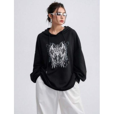 Graphic Print Drop Shoulder Drawstring Hoodie - Choose Your Size