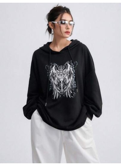 Graphic Print Drop Shoulder Drawstring Hoodie - Choose Your Size