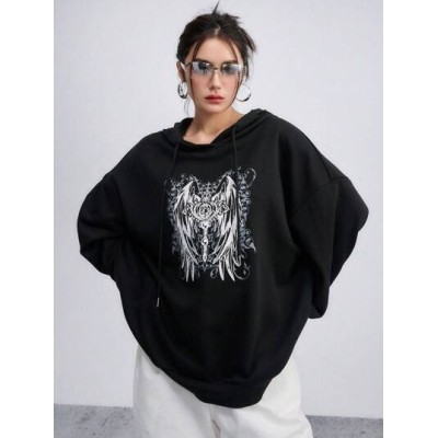 Graphic Print Drop Shoulder Drawstring Hoodie - Choose Your Size