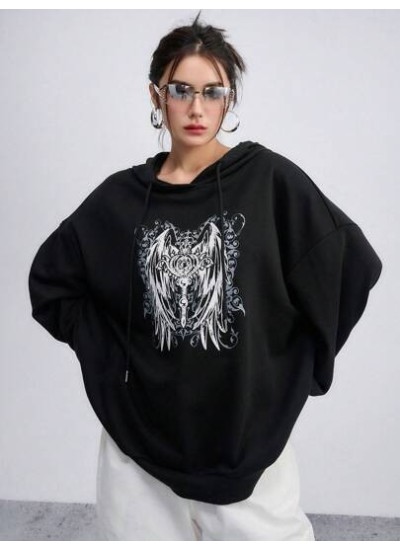 Graphic Print Drop Shoulder Drawstring Hoodie - Choose Your Size