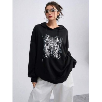 Graphic Print Drop Shoulder Drawstring Hoodie - Choose Your Size