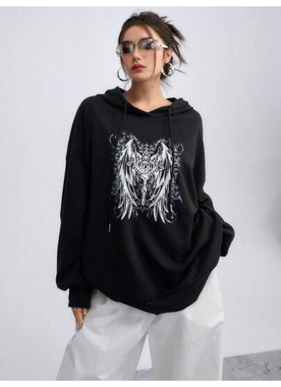 Graphic Print Drop Shoulder Drawstring Hoodie - Choose Your Size