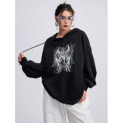 Graphic Print Drop Shoulder Drawstring Hoodie - Choose Your Size