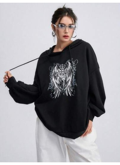 Graphic Print Drop Shoulder Drawstring Hoodie - Choose Your Size