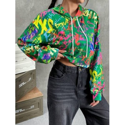 EZwear Graffiti Print Drop Shoulder Drawstring Hoodie - Choose Your Size