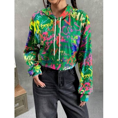 EZwear Graffiti Print Drop Shoulder Drawstring Hoodie - Choose Your Size