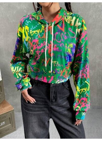 EZwear Graffiti Print Drop Shoulder Drawstring Hoodie - Choose Your Size