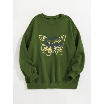 EZwear Women.s Round Neck Butterfly & Letter Printed Fleece Sweatshirt - Choose