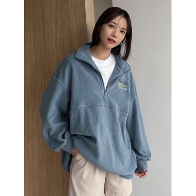 Letter Embroidery Drop Shoulder Half Zip Sweatshirt - Choose Your Size