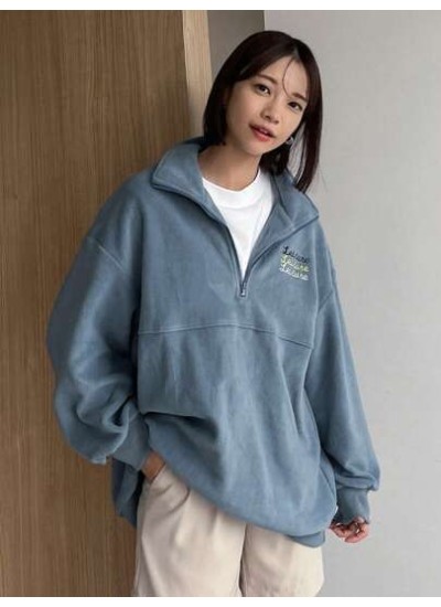 Letter Embroidery Drop Shoulder Half Zip Sweatshirt - Choose Your Size