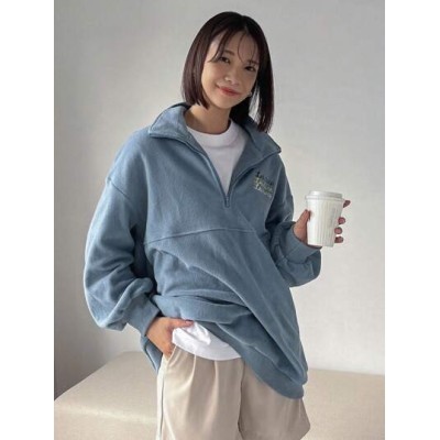 Letter Embroidery Drop Shoulder Half Zip Sweatshirt - Choose Your Size