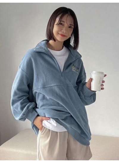 Letter Embroidery Drop Shoulder Half Zip Sweatshirt - Choose Your Size