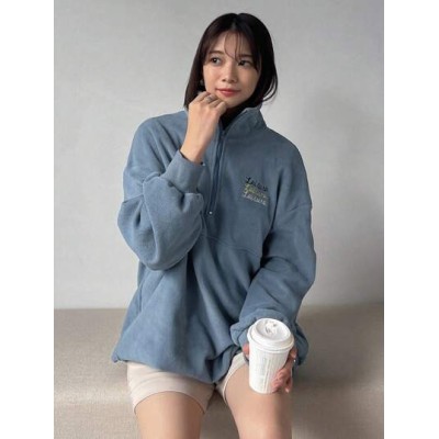 Letter Embroidery Drop Shoulder Half Zip Sweatshirt - Choose Your Size