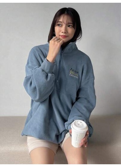 Letter Embroidery Drop Shoulder Half Zip Sweatshirt - Choose Your Size