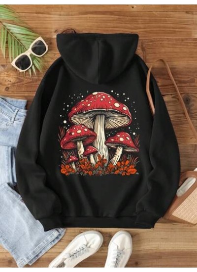 LUNE Mushroom Print Drawstring Thermal Hoodie - Choose Your Size