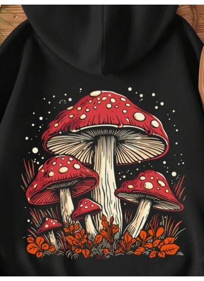 LUNE Mushroom Print Drawstring Thermal Hoodie - Choose Your Size