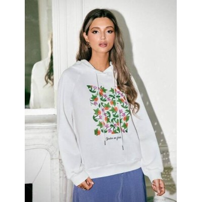 Frenchy Raglan Sleeve Floral Print Spring Drawstring Hoodie - Choose Your Size