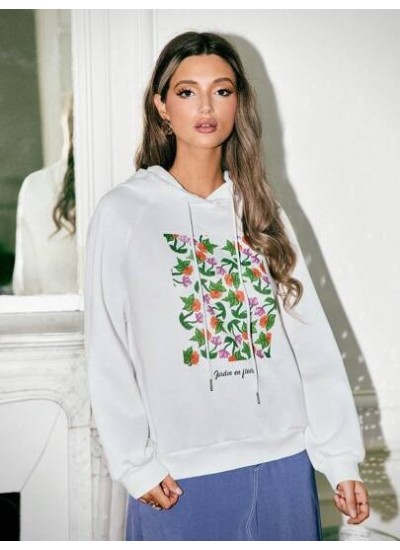 Frenchy Raglan Sleeve Floral Print Spring Drawstring Hoodie - Choose Your Size