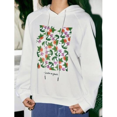 Frenchy Raglan Sleeve Floral Print Spring Drawstring Hoodie - Choose Your Size