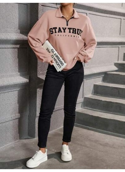 Essnce Women.s Color Block Zipper Letter Print Long Sleeve Sweatshirt - Choose