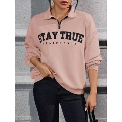 Essnce Women.s Color Block Zipper Letter Print Long Sleeve Sweatshirt - Choose