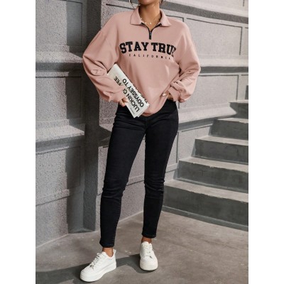 Essnce Women.s Color Block Zipper Letter Print Long Sleeve Sweatshirt - Choose