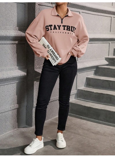 Essnce Women.s Color Block Zipper Letter Print Long Sleeve Sweatshirt - Choose