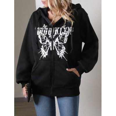 Essnce Butterfly & Letter Graphic Zip Up Drop Shoulder Drawstring Hoodie - Choo