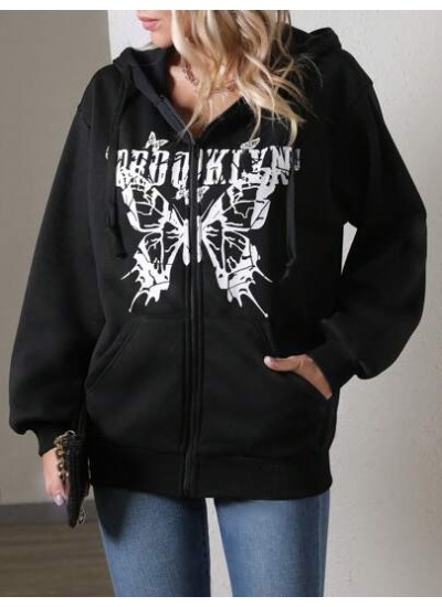 Essnce Butterfly & Letter Graphic Zip Up Drop Shoulder Drawstring Hoodie - Choo