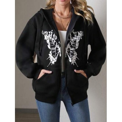 Essnce Butterfly & Letter Graphic Zip Up Drop Shoulder Drawstring Hoodie - Choo