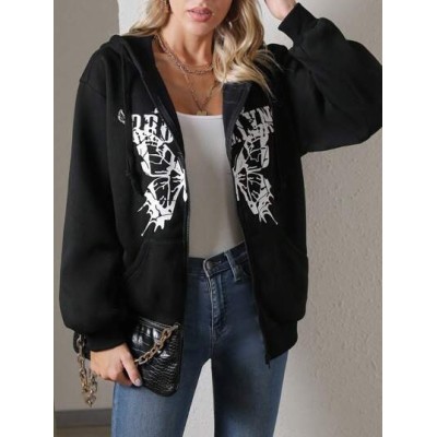 Essnce Butterfly & Letter Graphic Zip Up Drop Shoulder Drawstring Hoodie - Choo