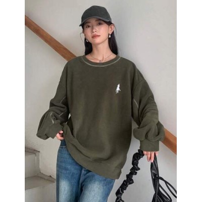 Figure Embroidery Top-stitching Drop Shoulder Sweatshirt - Choose Your Size