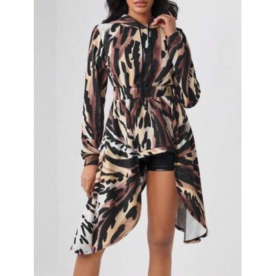 TF TRAN Allover Print High Low Hem Hooded Dress - Choose Your Size