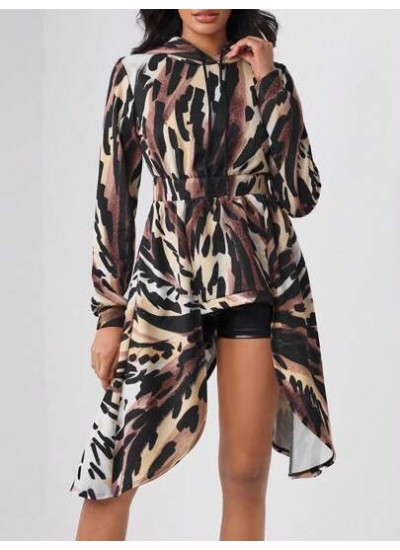 TF TRAN Allover Print High Low Hem Hooded Dress - Choose Your Size