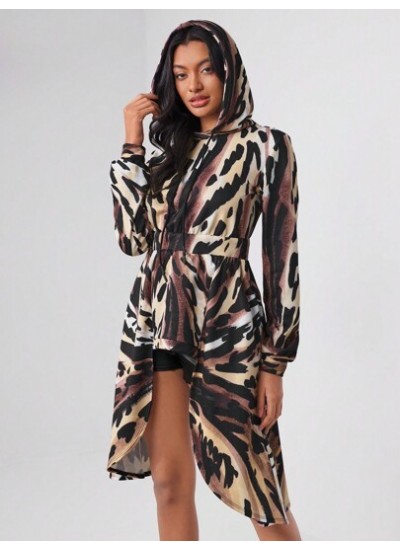 TF TRAN Allover Print High Low Hem Hooded Dress - Choose Your Size