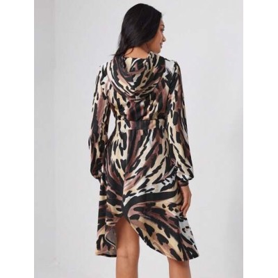 TF TRAN Allover Print High Low Hem Hooded Dress - Choose Your Size