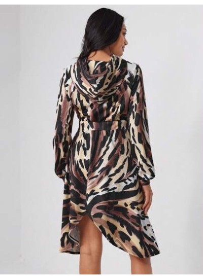 TF TRAN Allover Print High Low Hem Hooded Dress - Choose Your Size