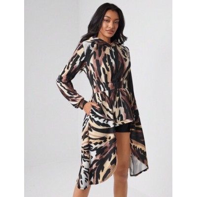 TF TRAN Allover Print High Low Hem Hooded Dress - Choose Your Size