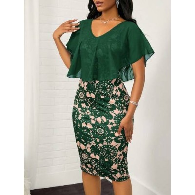 Lady Floral Print Ruffle Trim Bodycon Dress - Choose Your Size