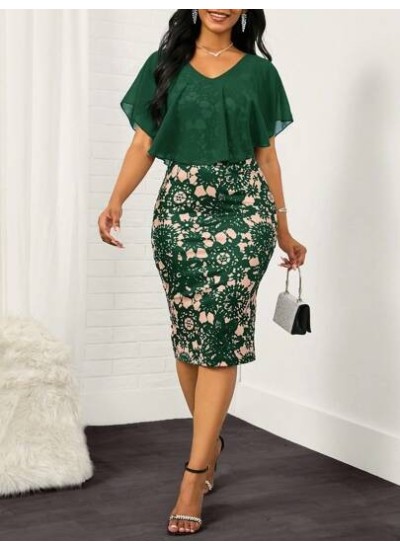 Lady Floral Print Ruffle Trim Bodycon Dress - Choose Your Size